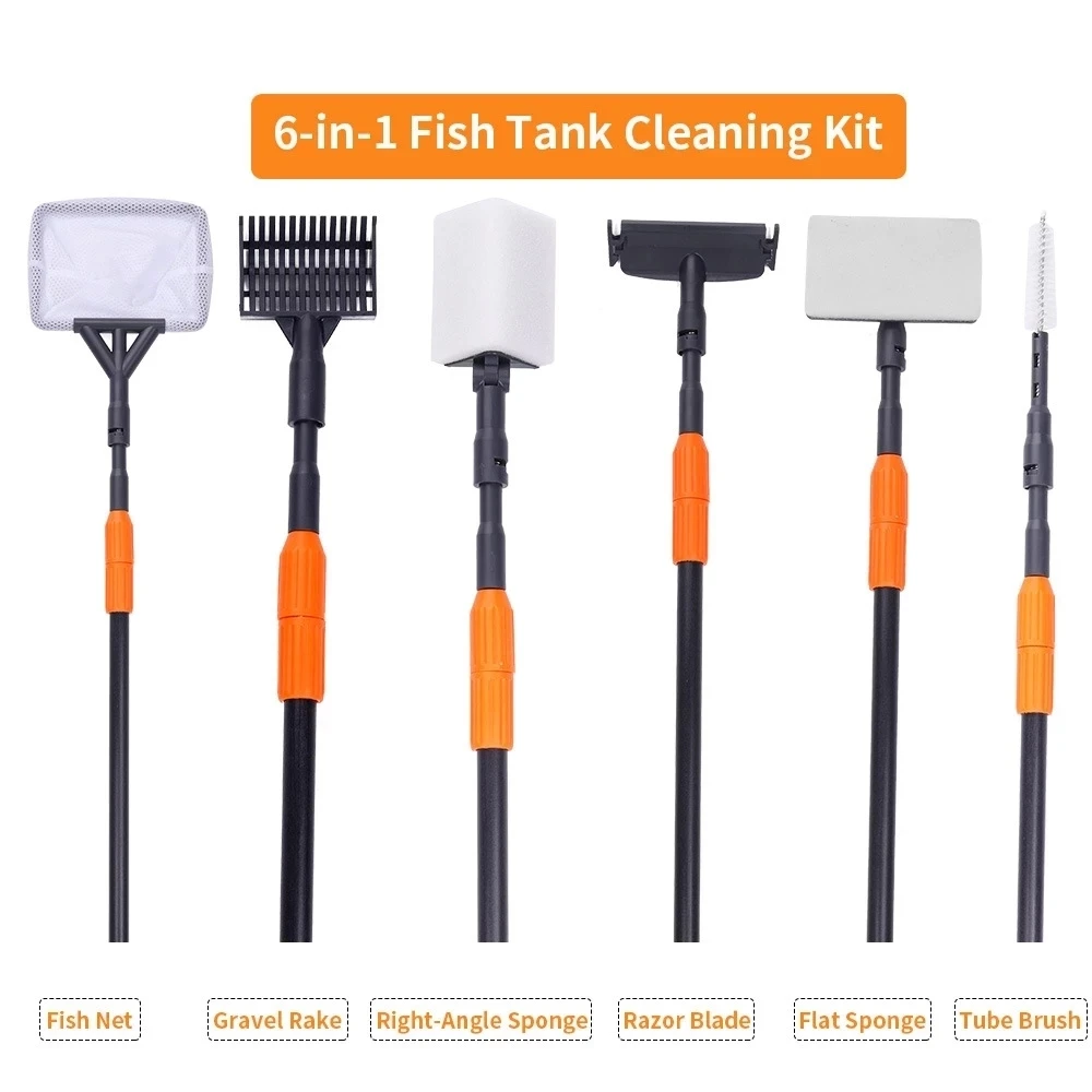 

6 in 1 Aquarium Cleaning Tools Kit Aquarium clamp Set Fish Tank Net Gravel Rake Algae Scraper Fork Sponge Brush Glass Cleaner