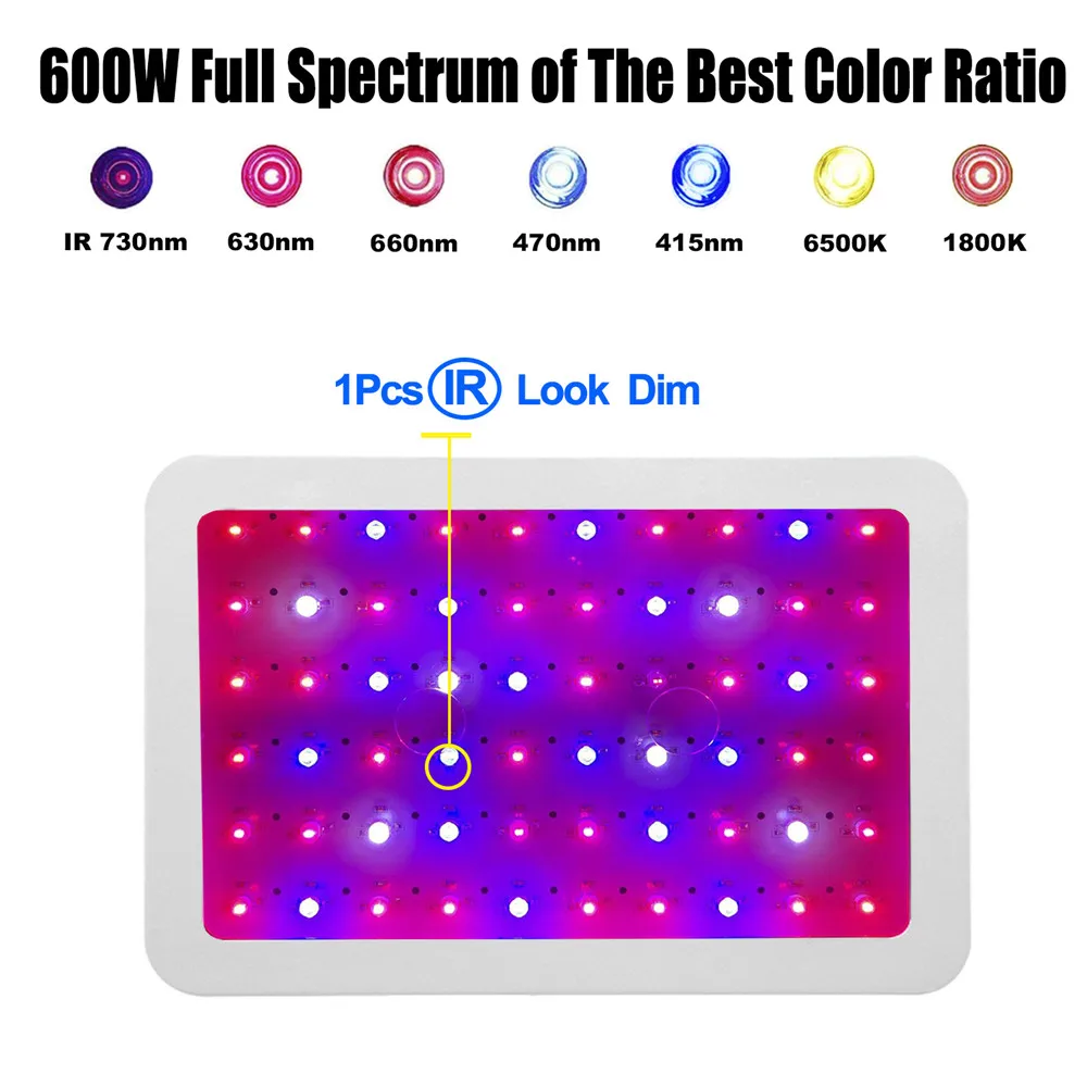 600W Led Grow Light Full Spectrum with Double Switch Veg and Bloom Growing Lights for Indoor Plants(10W led Chips 60Pcs)