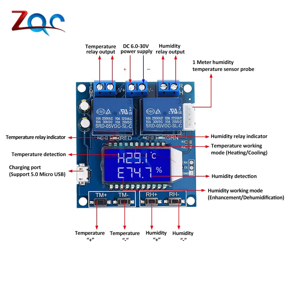 XY-TR01 SHT20 Humidity Temperature Controller DC 12V Hygrometer Thermometer Thermostat Humidistat LCD Digit Display Relay Module