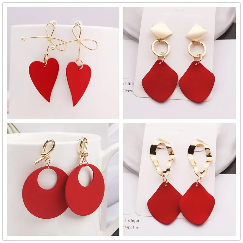 Korean Style Big Metal Rhombus Heart Drop Earrings for Women Red Yellow Pink Color Sweet Wedding Jewelry Pendientes Girl Gift