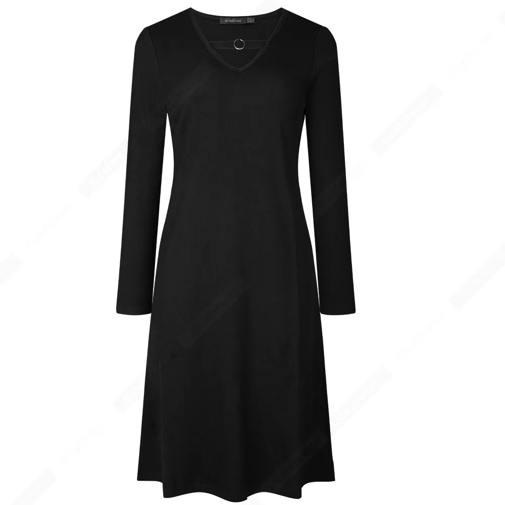 Women Daily Casual Solid Color Full Sleeve V Neck Loose Shift Mini Dress HT024