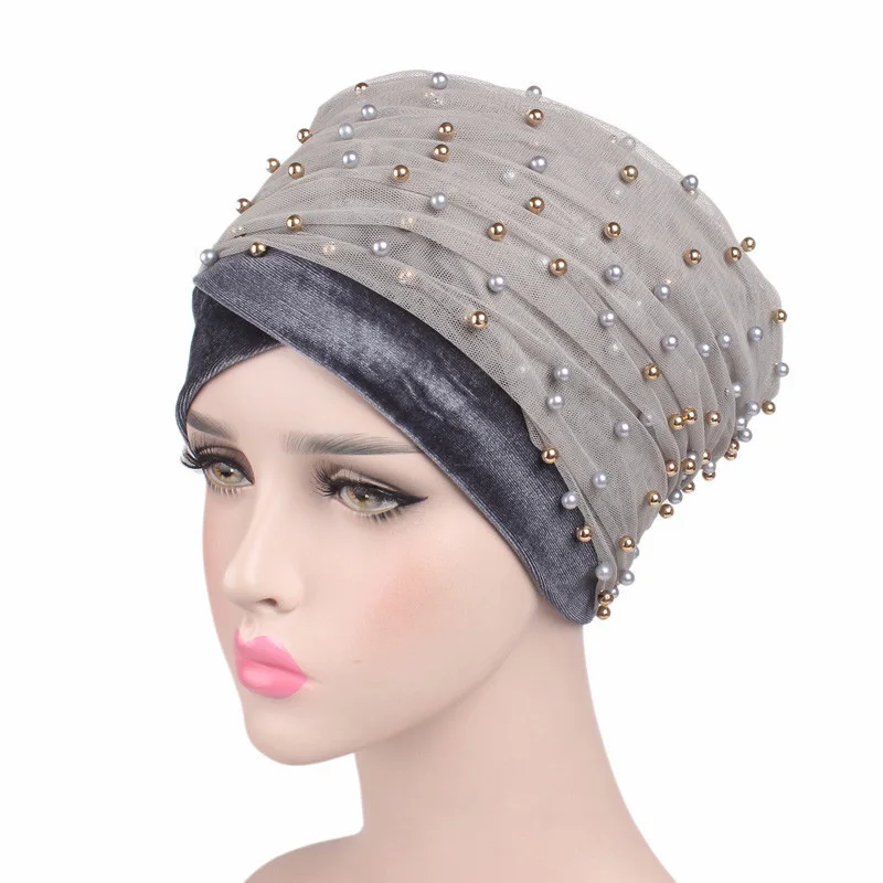 Winter Warm Velvet Women\'s Scarf Turban Beading Headscarf Bonnet Muslim Hijab Turbans African Hat Under Scarf Caps