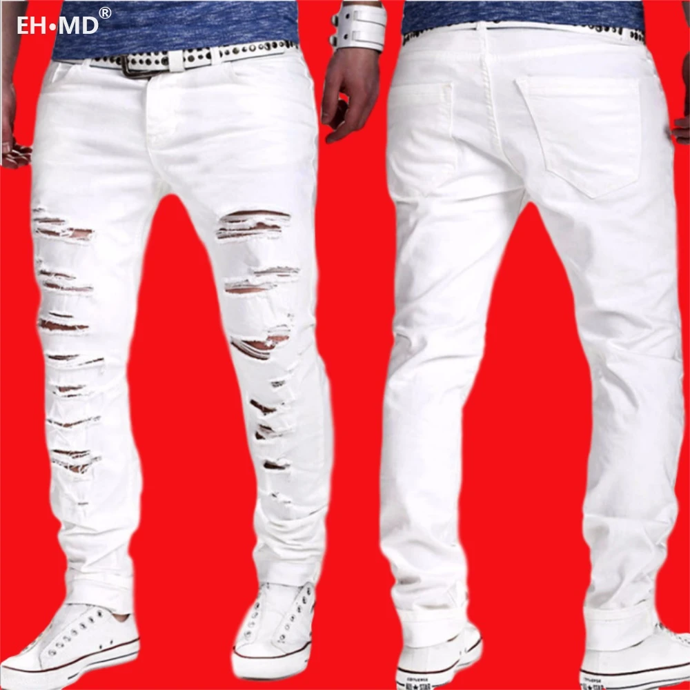 EH · MD® White Hole Scratch Jeans Men's Cotton High Street Urban Stretch Black Pants Slim Breathable Thin Foot Comfortable 2020