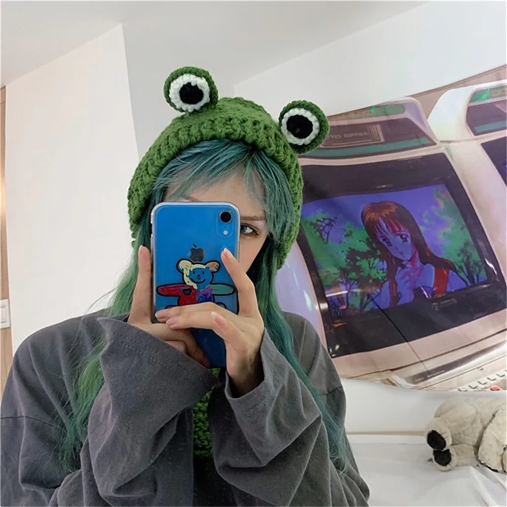 Crochet Beanie Hats Cap Winter Skullies 2023 Women Handmade Knitted Frog Hat Female Photography Prop PartyGift Baby Animal Hat