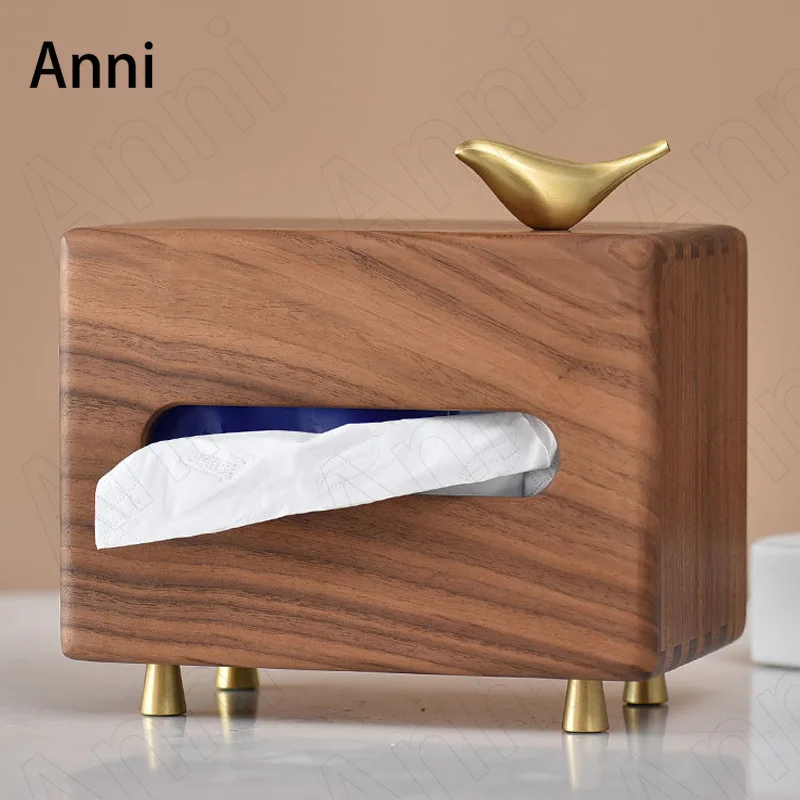 

Creativity Walnut Wood Tissue Boxes European Modern Pure Copper Bird Decorative Napkin Holder Living Room Decoration Ornaments