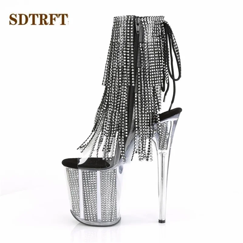 

SDTRFT Stilettos 20cm Thin Heels Ankle boots transparent Platforms shoes Woman Rhinestone Tassels Botas Mujer Sequined pumps