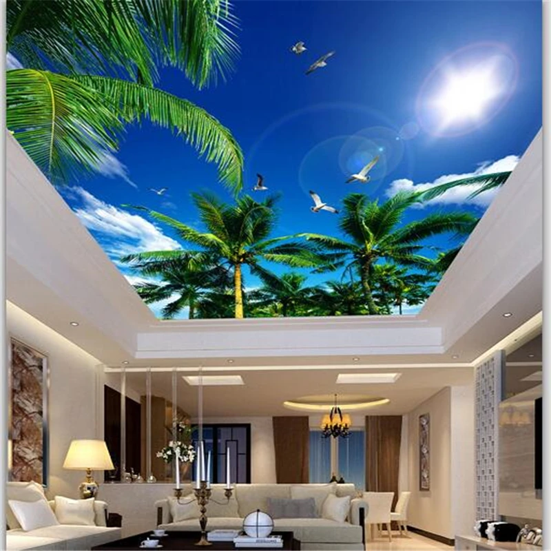 

Custom Wallpaper 3D Coconut Blue Sky White Clouds Seagull Ceiling Wallpaper Zenith Living Room restaurant Papel de parede обои