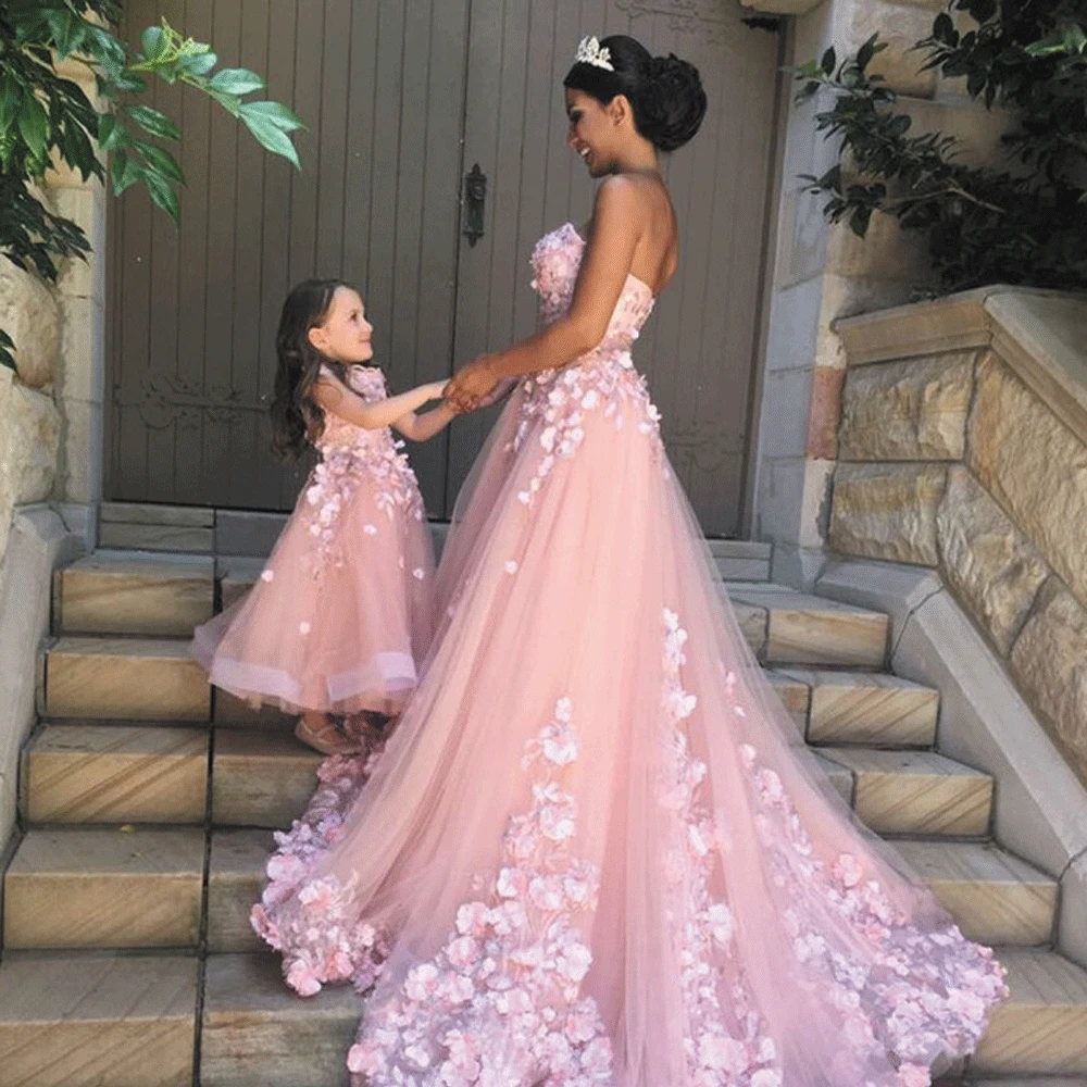 SuperKimJo Mother and Daughter Matching Dresses Pink 3D Flower Prom Dresses for Women Sweetheart Elegant Prom Gown for Kids