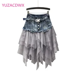 High Quality Women Denim Mesh Patchwork Lace Skirt High Waist A Line Asymmetric Frill Tulle Gothic Chic Skirts Faldas Mujer 2022