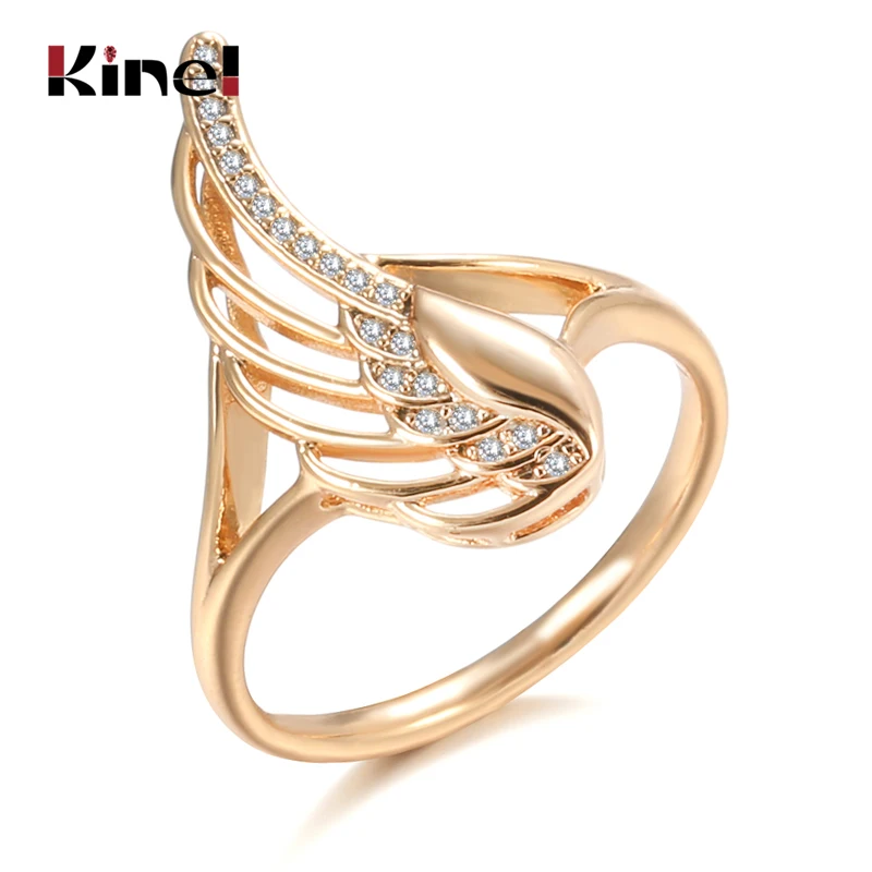 Kinel Hot Natural Zircon Angel Wings Ring 585 Rose Gold Ethnic Wedding Rings for Women Vintage Fine Jewelry