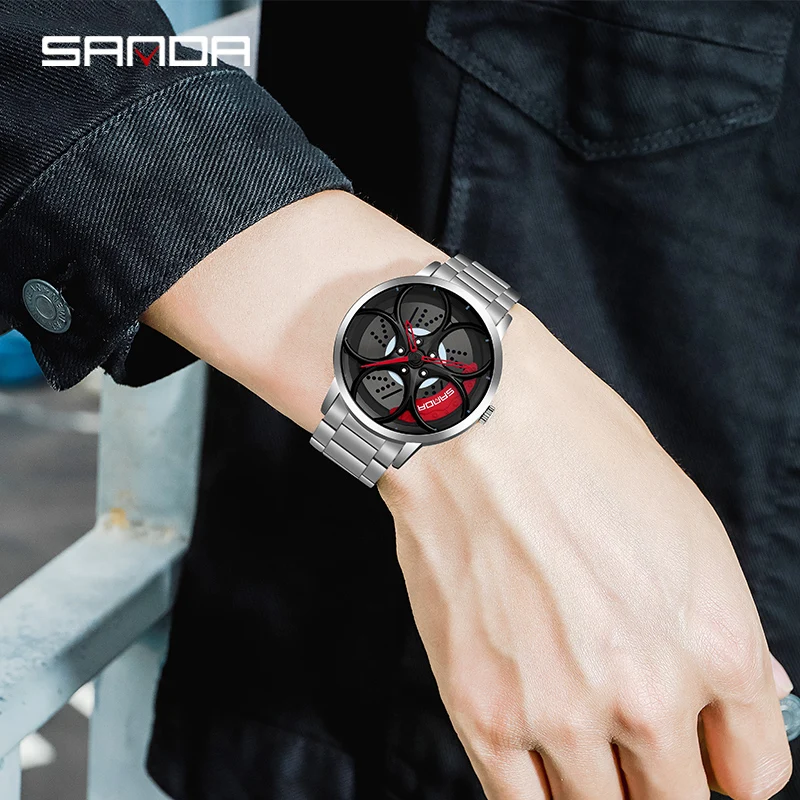 SANDA New Arrival NIBOSI Car Spinning Rim Hub Watche Custom Design Quartz Wristwatch Waterproof Car Wheel Watch Volk Racing Rays