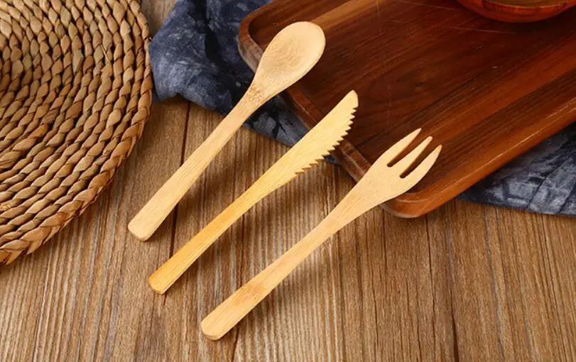 

New 100sets/lot Bamboo Tableware Natural Bamboo Spoon Fork Knife Set Wooden Dinnerware Set