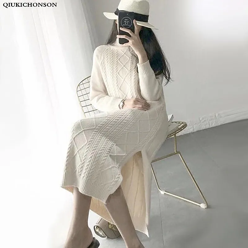 

Qiukichonson Autumn Winter Turtleneck Sweater Dress Women Rabbit Hair Korean Fashion Side Slit Twisted Long Knitted Dresses robe