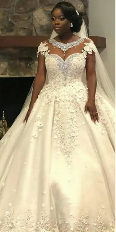 Vestido de novia árabe con flores 3D de cuello transparente, de lujo, encaje africano con cuentas y cristales, boda personalizada, 2021