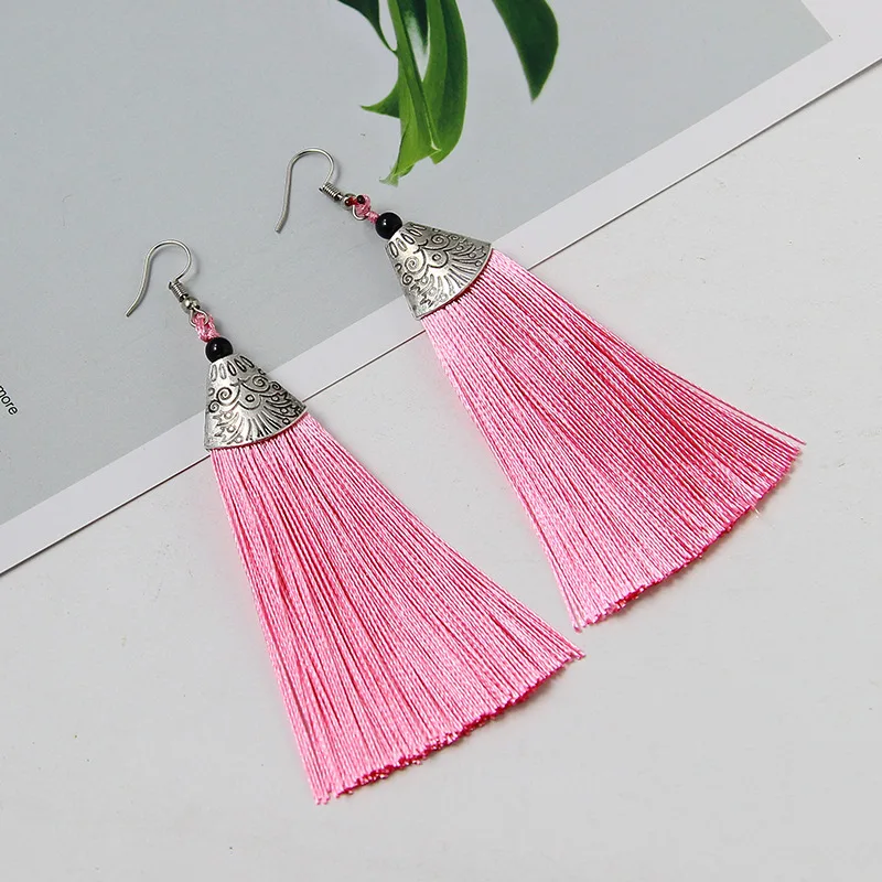2019 Fashion Crystal Long Tassel Drop Earrings for Women Female Bohemian Ethnic Red Black Fringe Earring Jewelry Wholesale