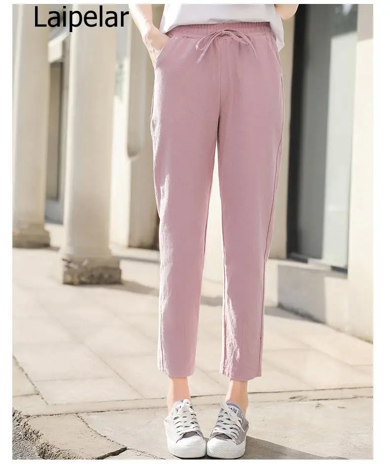 Womens Spring Summer Pants Cotton Linen Solid Elastic Waist Candy Colors Harem Trousers Soft High Quality for Female Ladys