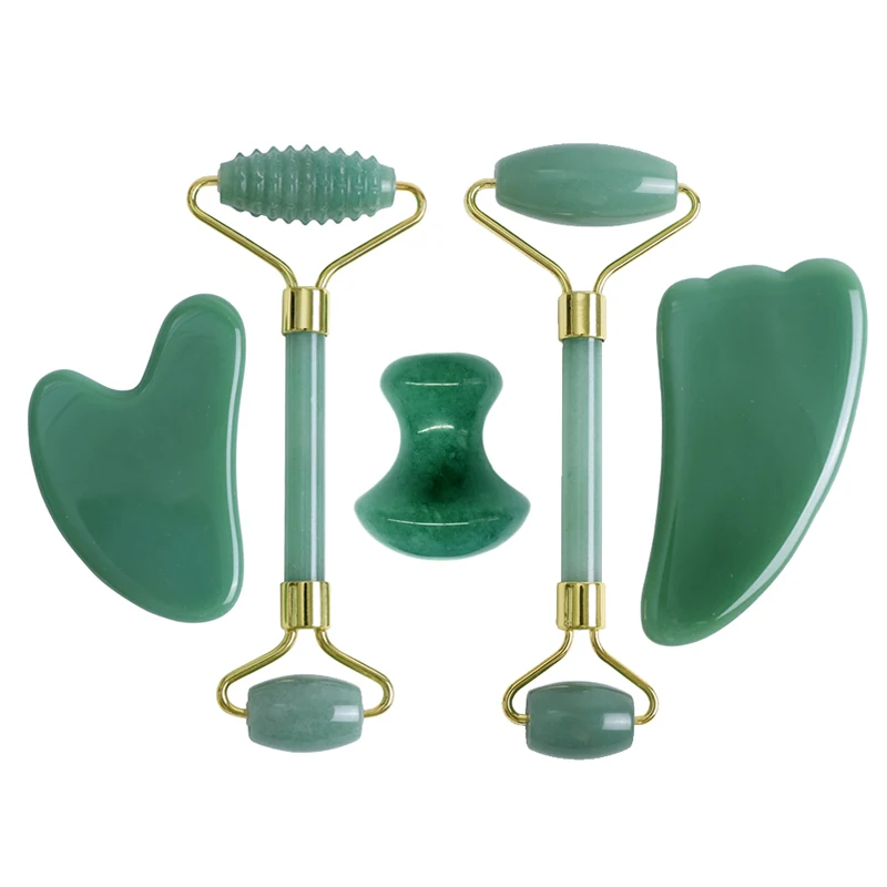 Natural Jade Face Massage Roller Gouache Scraper Set Aventurine Gouache Stone Facial Roller Massager Gua Sha Scraper Face Roller