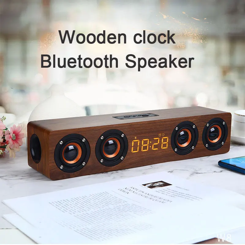 Altavoces Bluetooth USB, 4 altavoces, barra de sonido de madera, columna de sonido Subwoofer con pantalla de reloj LED, Radio FM, sistema de sonido, caja de soporte