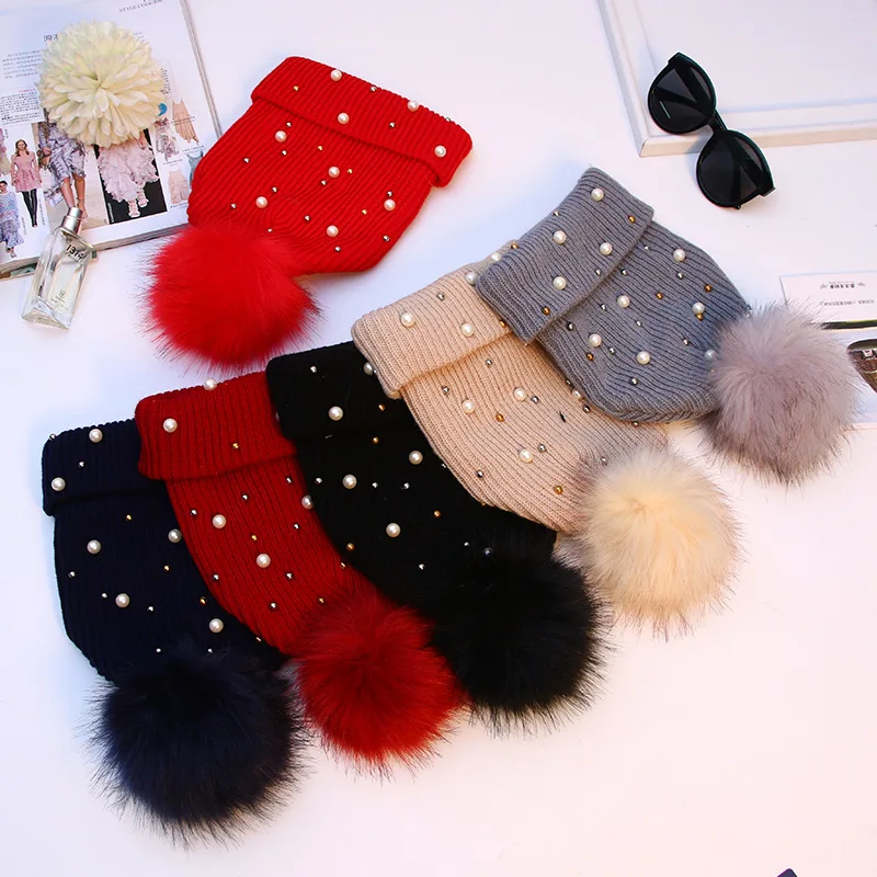 2021 Women Winter Fashion Hat Pompom Balls Cap Pearls Rhinestones Knitted Wool Beanie Casual Outdoor Warm Female Skullies Hats