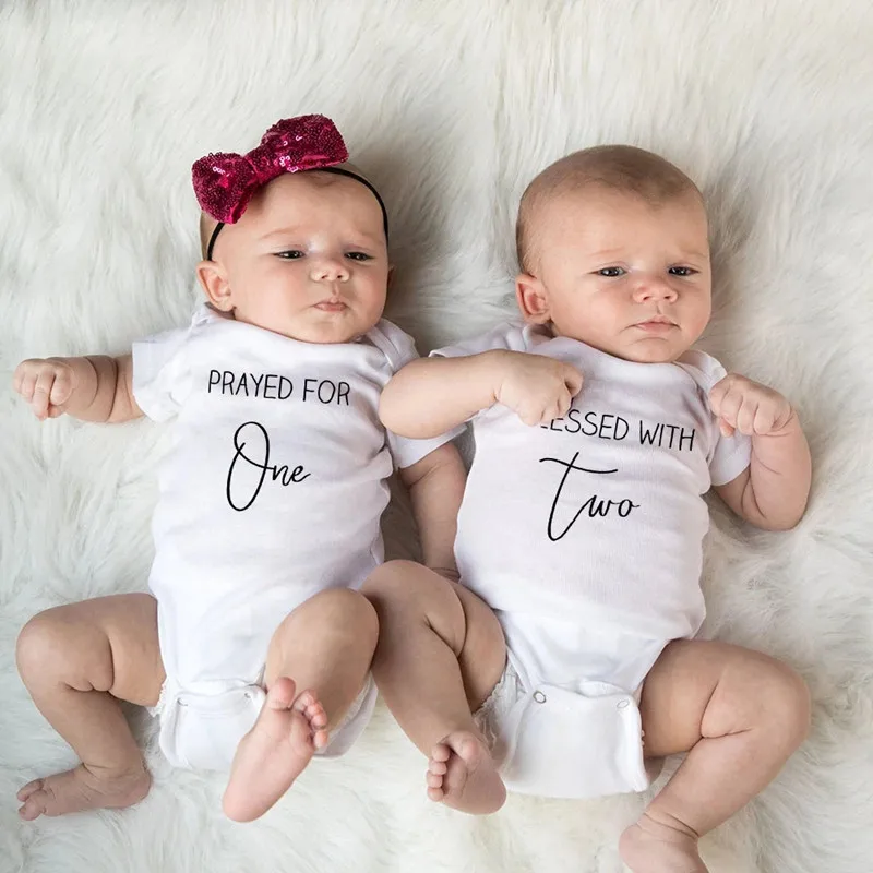 Cute Twin Clothes Prayed for One Blessed with Two Cotton Bodysuits Twins Boys Girls Rompers Newborn Playsuit Casual Jumpsuit