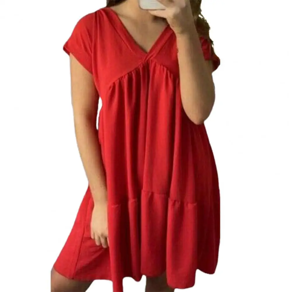 

Summer Female Simple Sundress Skin-friendly V Neck Short Sleeve Large Hem Solid Ruffles Dress Loose Mini Dresses for Women 2021