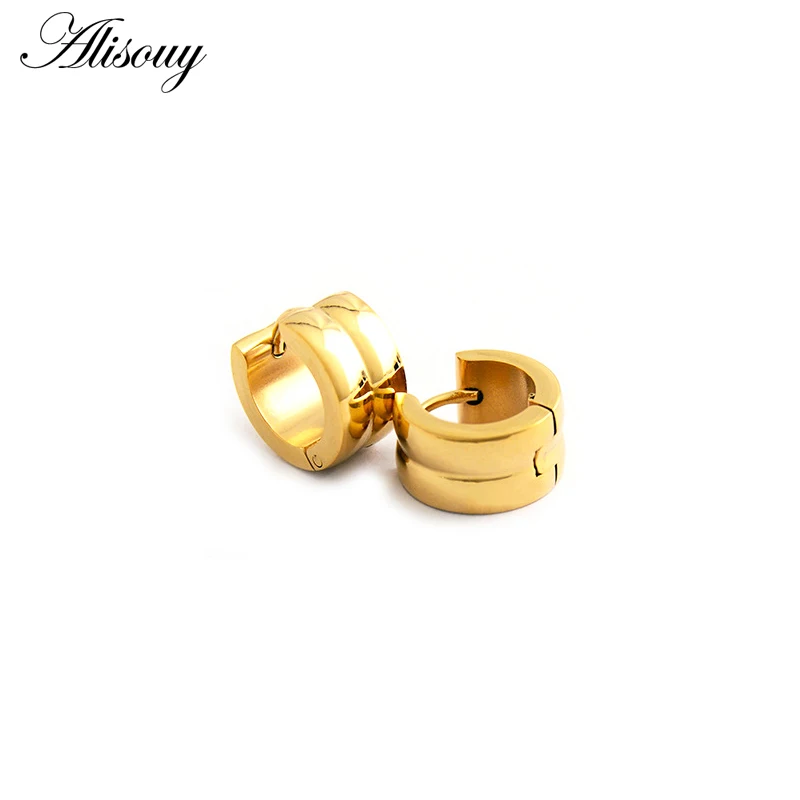 Alisouy 2pcs Black Gold Color Wide Hoop Earing stainless steel Circle Piercing Huggies earring set for women men Korean Jewelry