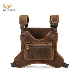 Crazy Horse Leather Vintage Streetwear Men Hip-Hop Chest Bag Two Straps Chest Rig Bag Fashion Rectangle Chest Utility Pack 291