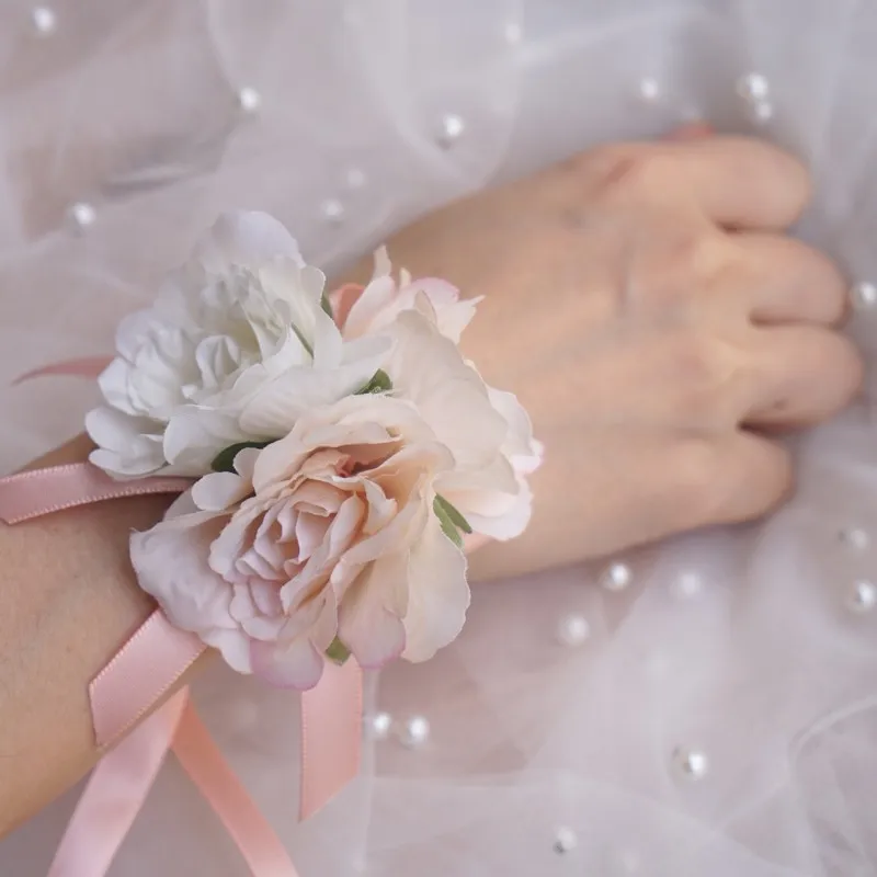 

Pink Rose Flower Wrist Corsage Bridesmaid Sisters Hand Flowers Artificial With Ribbon Wedding Accessories For Mariage Prom Party