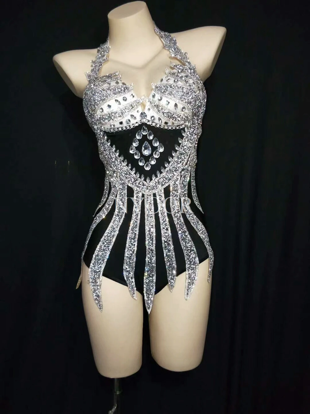 Sparkly Silver Crystals Bodysuit Sexy Skinny Leotard Tassel Gloves Female Bar Dance Stage Party Dance Costume Celebrate Dress