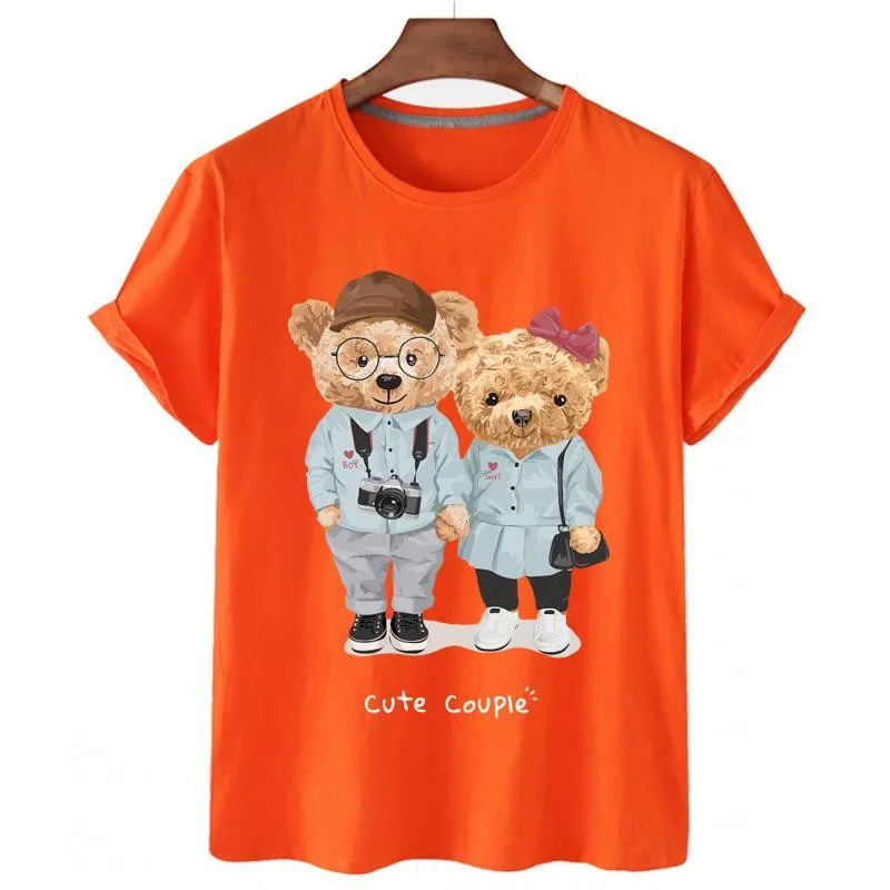 100% Cotton Couple Bear Print Short-sleeved T-shirt Female Half-sleeved Summer Casual 1 Couple Oversized T-shirt Ladies Shirt