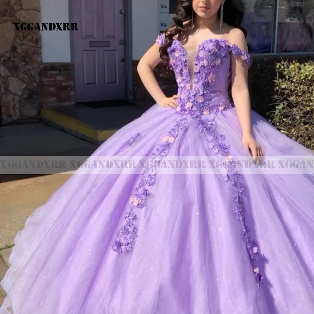 Sparkly Lila Quinceanera Jurk 2021 Sweetheart Off Shoulder Bloem Baljurk Sweet 15 16 Verjaardagsfeestje Pageant Custom Made