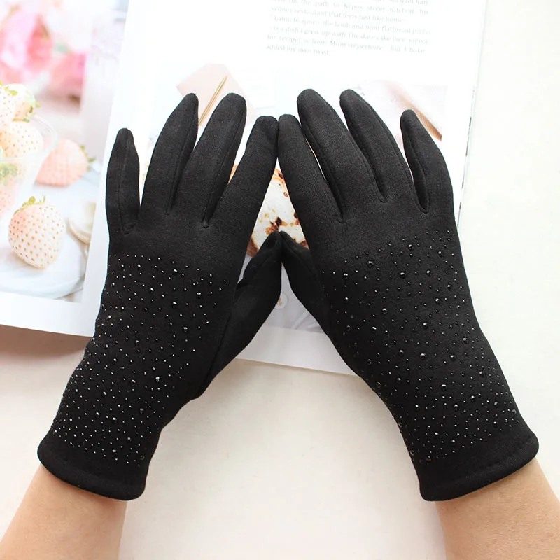 Cotton Gloves Women\'s Black Stretch Heat Drill Knit Ladies Touch Screen Girls Outdoor Riding Autumn Warm Gloves