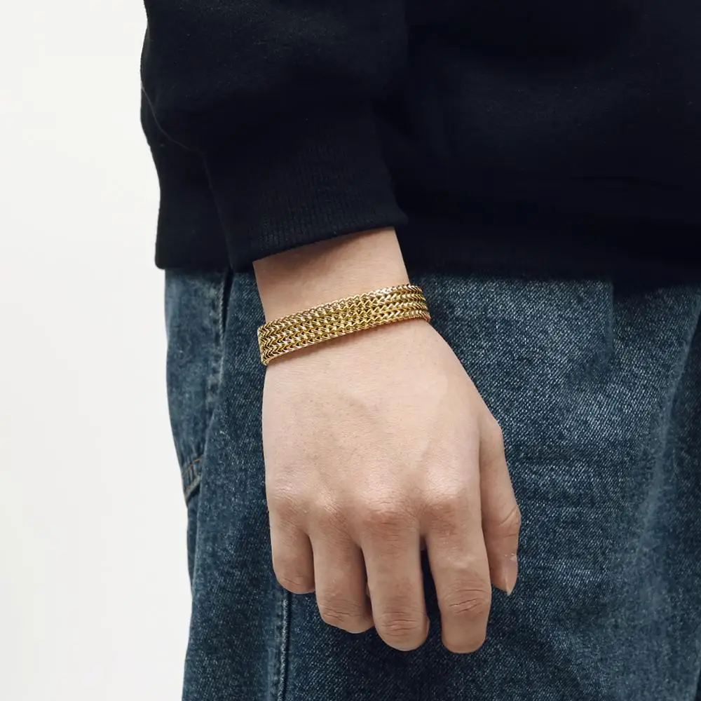 Fongten 13mm Mesh Chain Bracelet For Men Stainless Steel Watch Strap Chain Bracelet Bangle Hiphop Male Multiple Color Jewelry