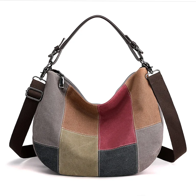 New Canvas Bag Simple Retro Stitching Color Large Bag Fashion Women\'s Bag Korean Handbag Shoulder Bag Fashion Messenger Bag