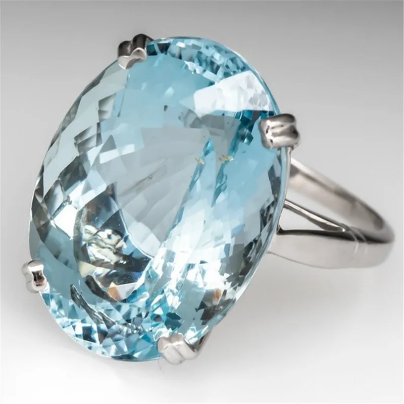 Gorgeous Charming Large Oval Blue CZ Stone Ring Women Fashion Plated Silver Color Crystal Zircon Ring Bridal Trendy Jewelry