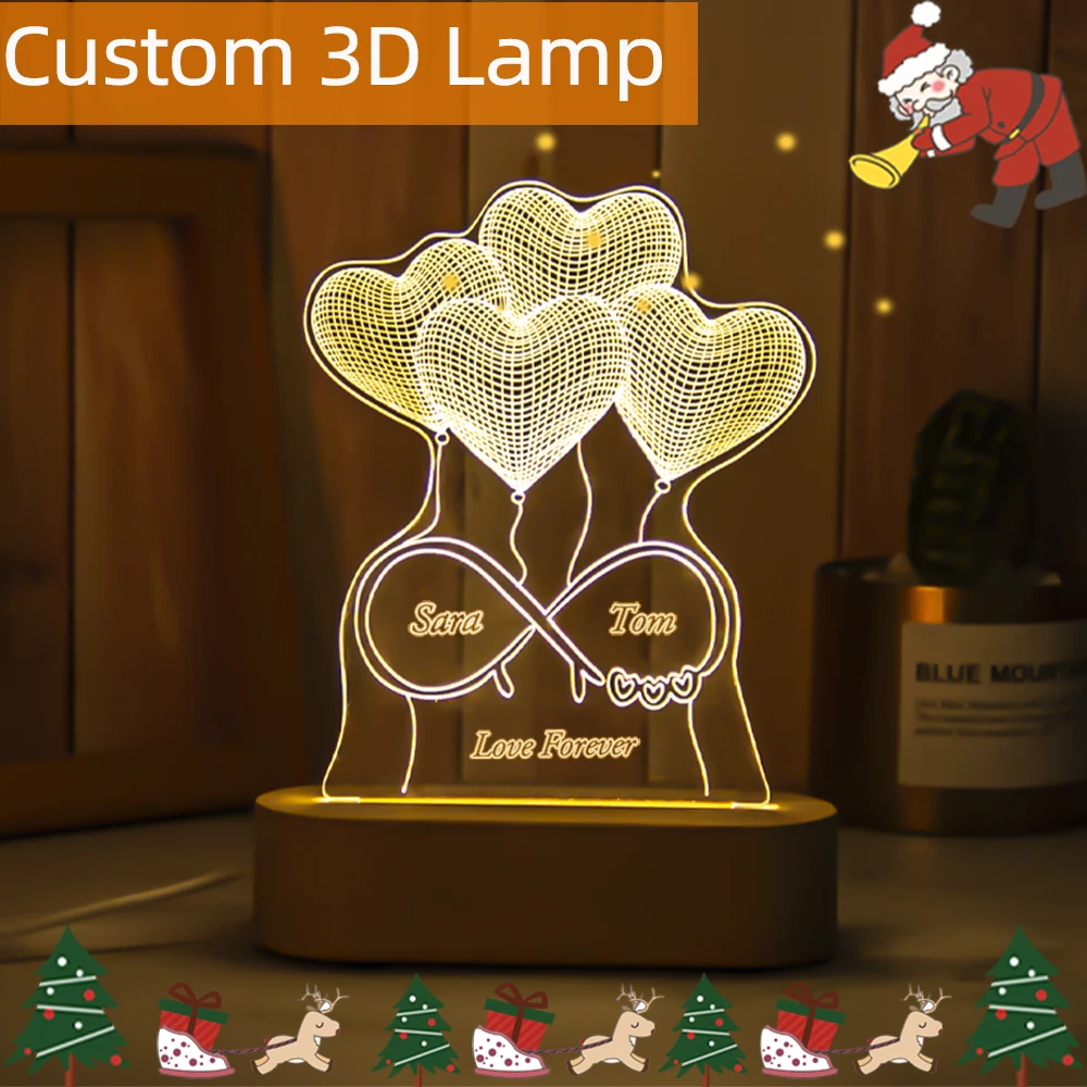 Drop Shipping ส่วนบุคคลชื่อวันที่3D NightLight USB LED ฐานไม้โคมไฟอะคริลิคตกแต่งบ้านที่ไม่ซ้ำกันวันแม่ของขวัญ