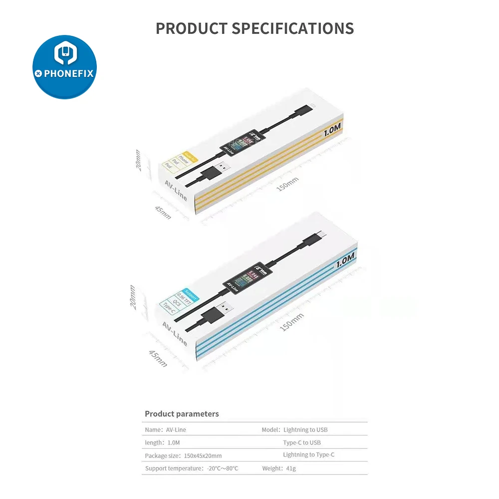 Cable de carga USB para iPhone y Samsung, Cable de detección de carga inteligente, monitorización de voltaje y corriente, línea AV