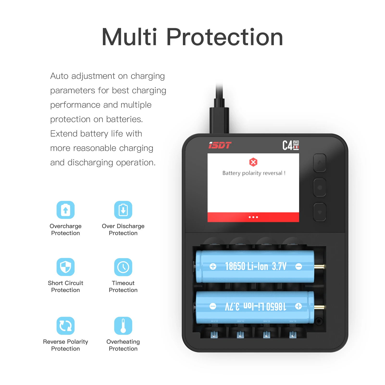 ISDT C4 EVO Smart Battery Charger with Type-C QC3.0 Output for AA AAA Li-ion 18650 Battery IPS Display Screen Fire Prevention