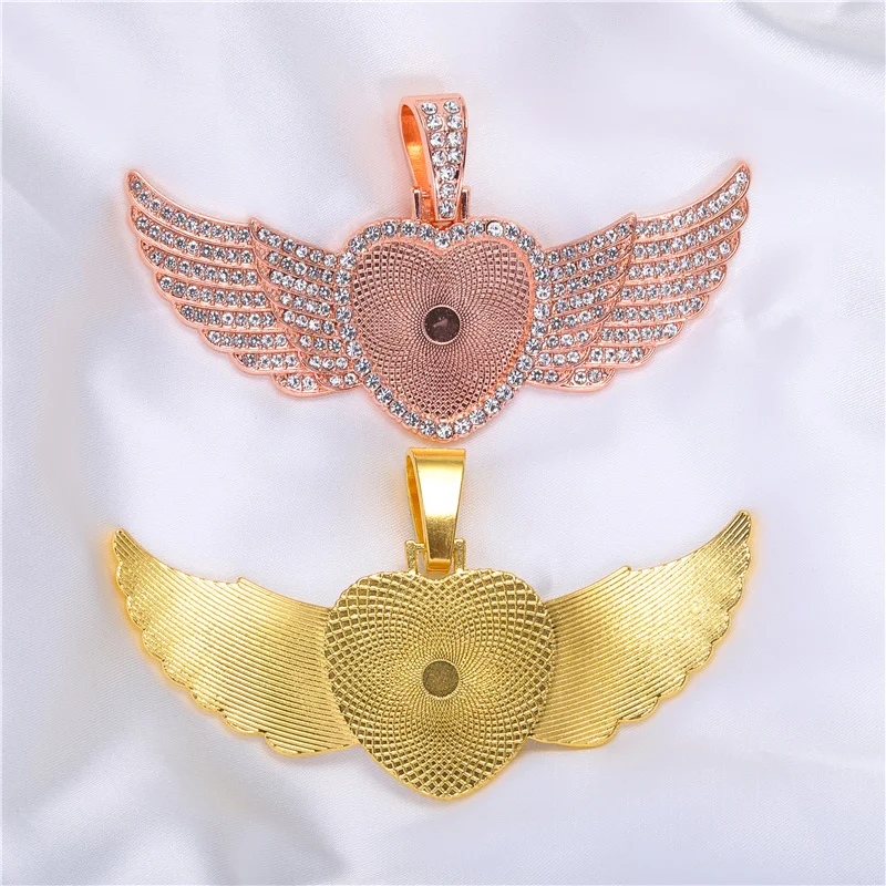 JUYA Jewelry Making Pendant Base 25mm Heart Cabochon Angel Wing Charms Alloy Matching Diamond For DIY Hip Hop Necklace Findings