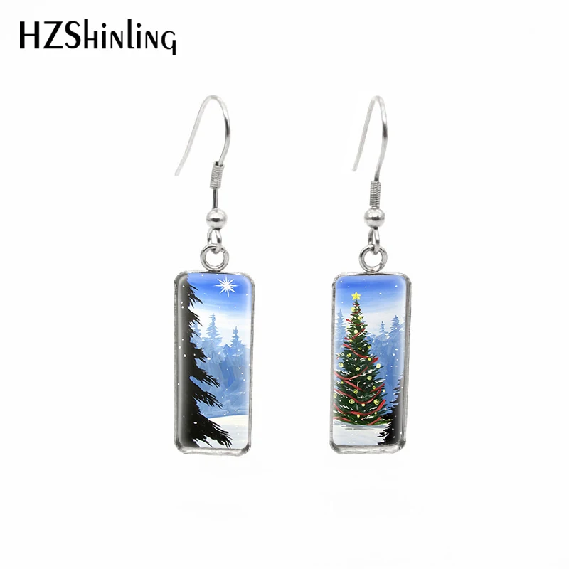 2020 New Christmas Tree Earring Winter Paintings On Canvas Rectangular Earring Handmade Hook Earrings Glass Dome Jewelry