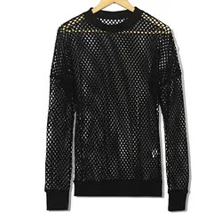 Mens Sexy Fishnet See Through T-Shirt Long Sleeve Transparent  Tshirt Homme Punk Gothic Nightclub Prom T Shirt for Men Camisetas