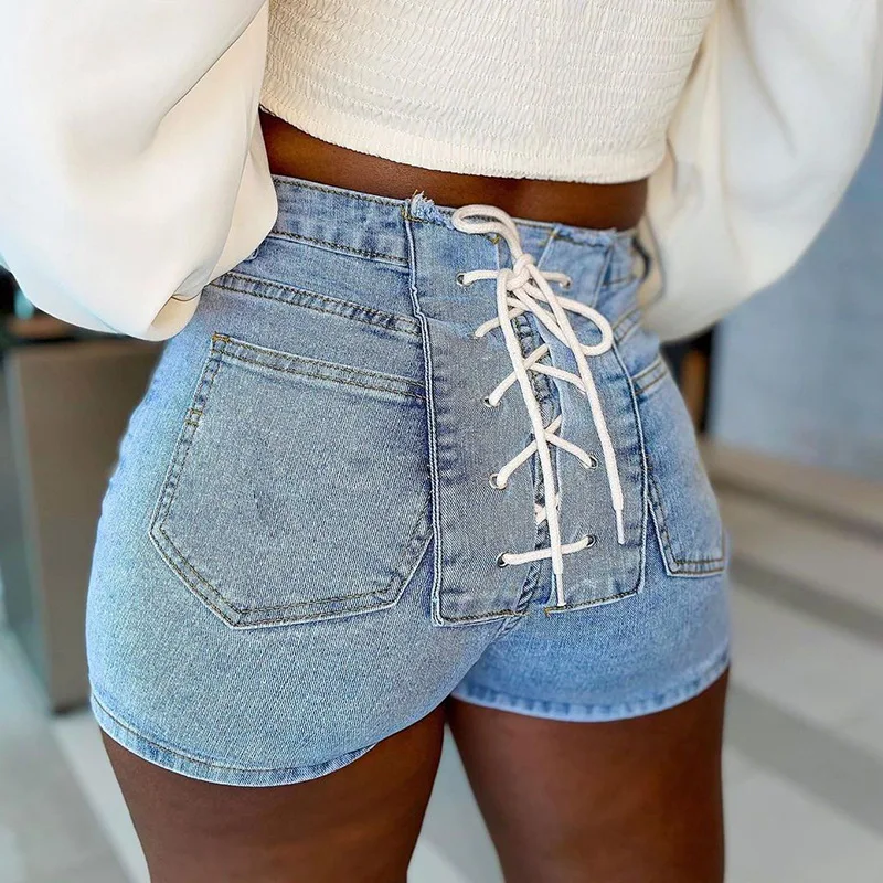 

2021 Casaul Women Jeans Short Pants Bandage Ripped Pale Blue Skinny Streetwear Jeans Pants for Women Outfit Denim Hot Shorts