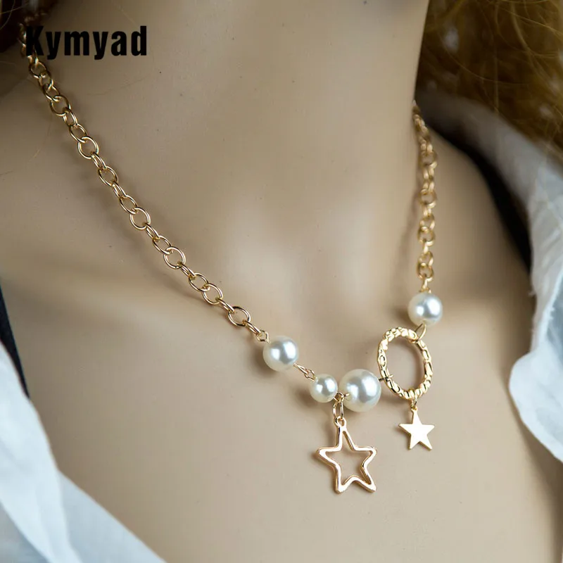 Kymyad Collier Femme Choker Necklace Women Gold Color Star Pendant Necklace Jewelry For Women Simulated Pearl Necklaces Jewelry