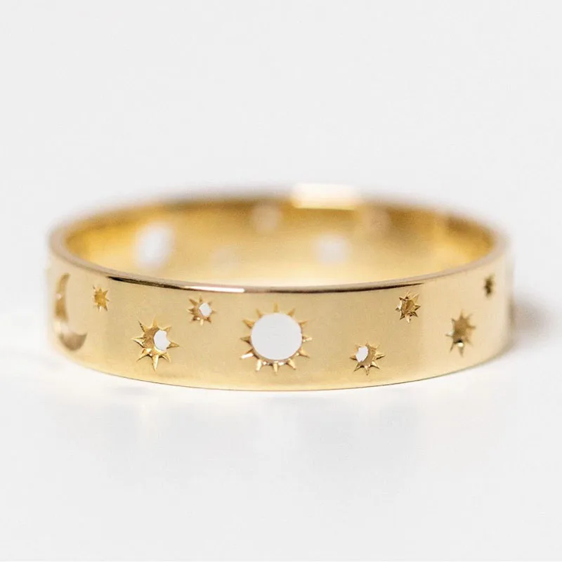 Moon and stars band rings for women gold cut out plain pinky rings stackable minimalist size 5 women jewelry cheap wholesale2021