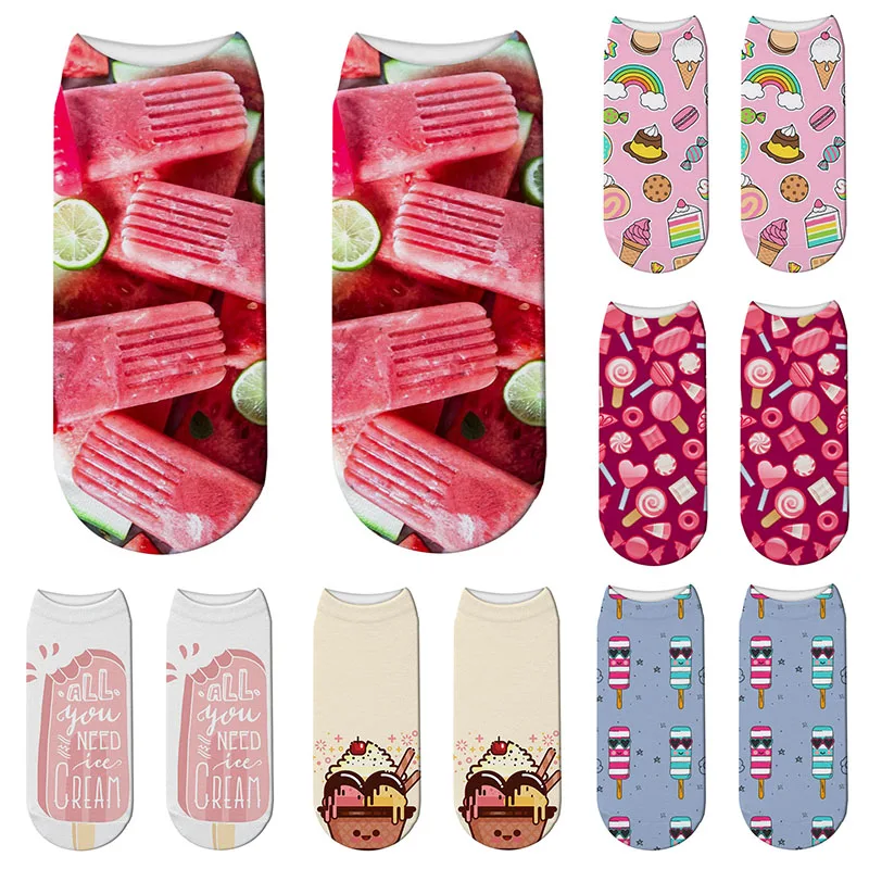 New Creative Design Pink Series Women Short Socks Funny Fruit Ice Cream Food Printed Cartoon Low Ankle Happy Unisex Socks Gifts