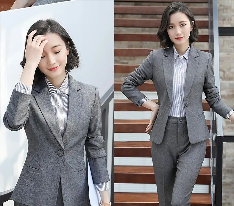 Women Pant Suit Gray Office Work Clothes Formal Business Spring OL Slim Fashion Profession