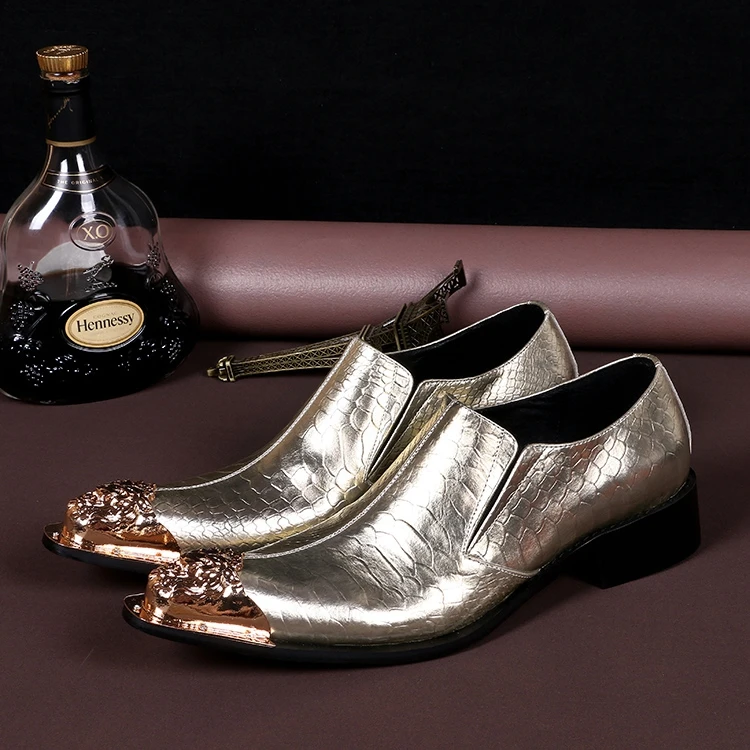 Sapato Masculino Socia Elegant Snake Skin Shoes For Men Gold Patent Leather Iron Pointed Toe Formal Nightclub Dress Oxford Shoes