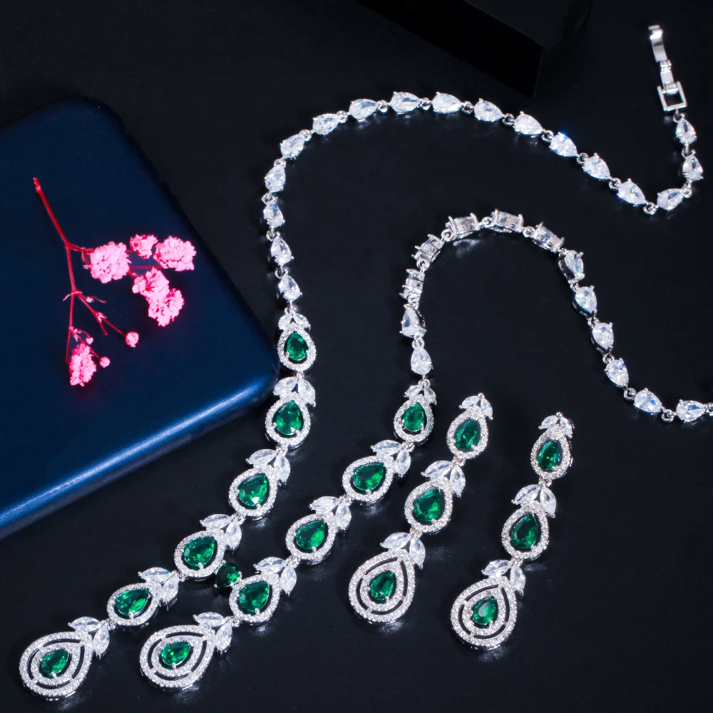 

CWWZircons Luxury Water Drop Leaf Green CZ Zircon Wedding Necklace Earrings Set for Brides Party Costume Jewelry Accessory T0737