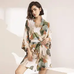 2024 Spring New Ladies Silk Satin Thin Robe Comfort Fresh Style Floral Printed Sleepwear Sexy Nightgown Femme Satin Homewear