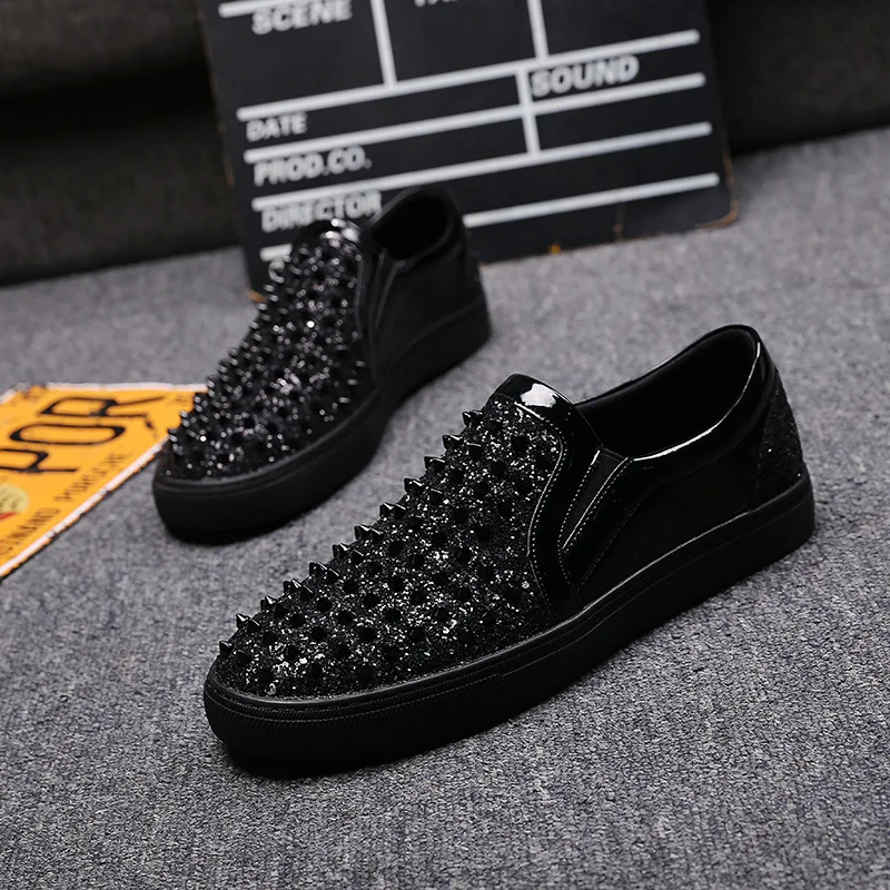 mens casual punk rock dress rivets shoes slip-on lazy shoe black silver summer loafers brand designer sneakers youth footwear